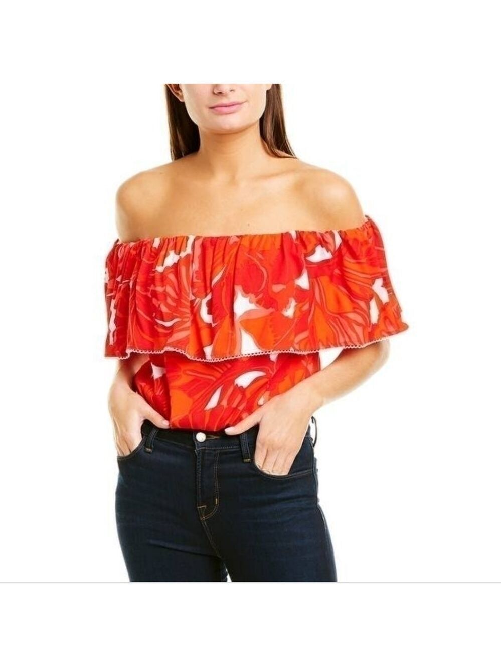Trina Turk Terrance Flame Off The Shoulder Ruffle Top Tropical Size XL